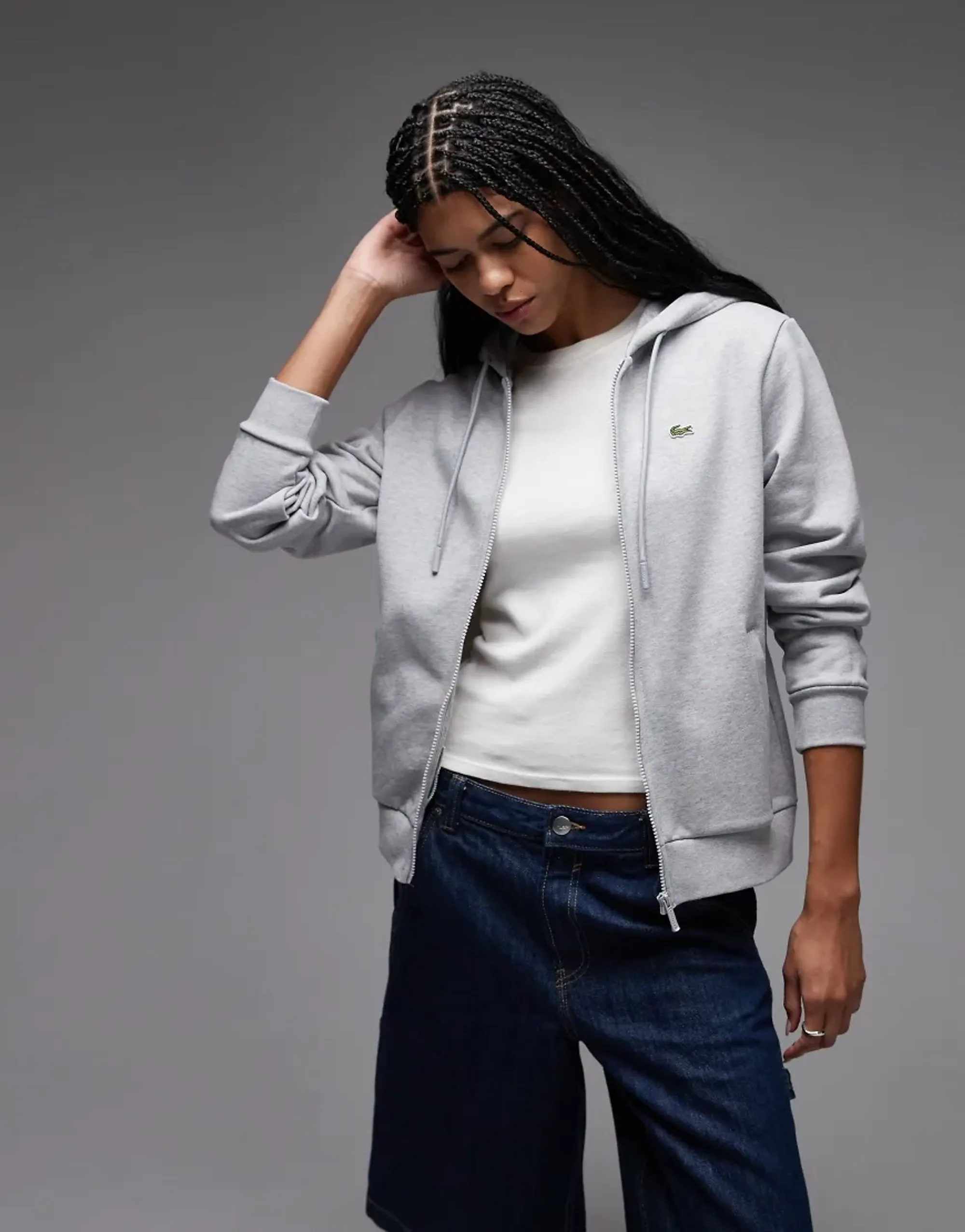 Lacoste Logo Zip Through Hoodie In Grey Marl