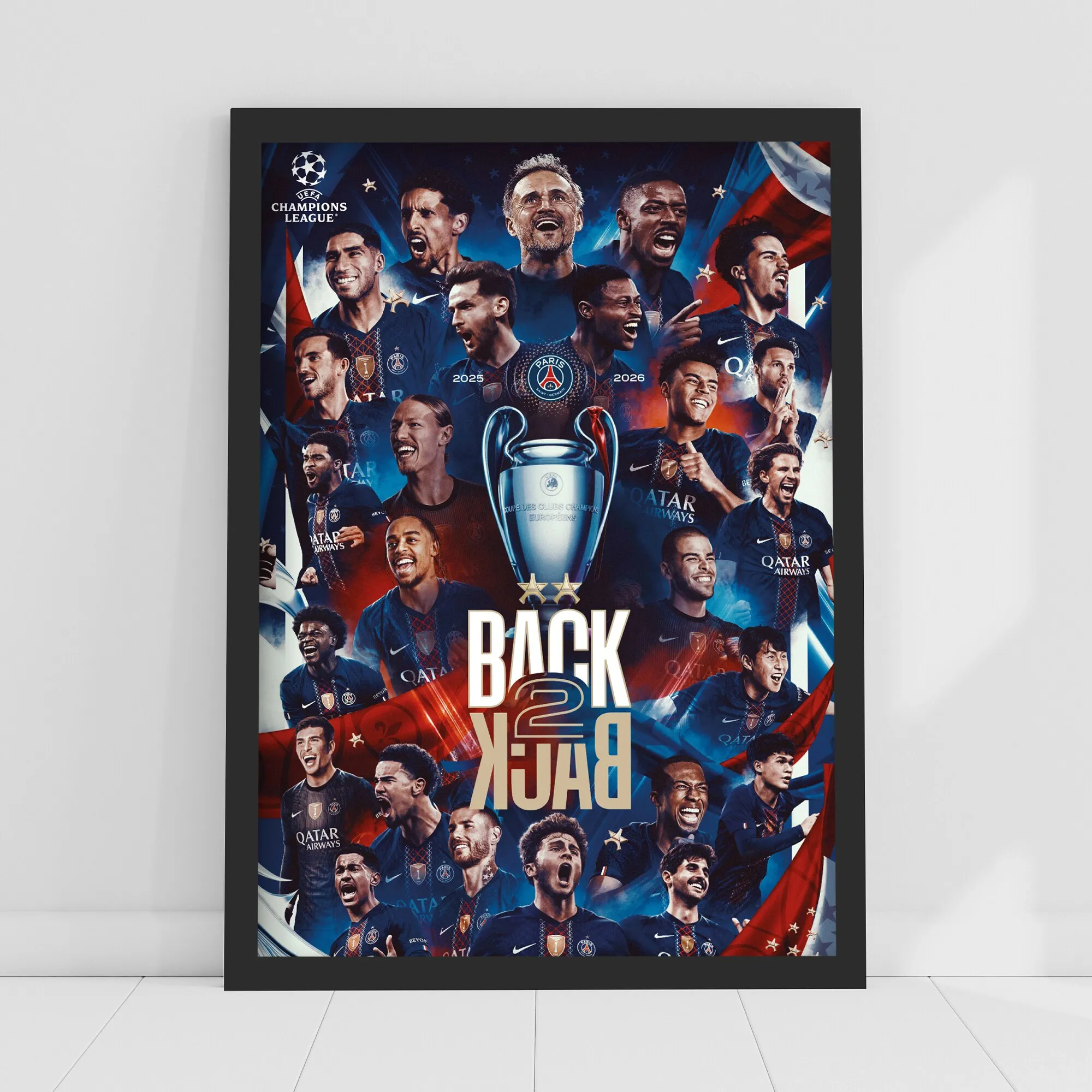 PSG Back 2 Back European Champions Print - Framed A3