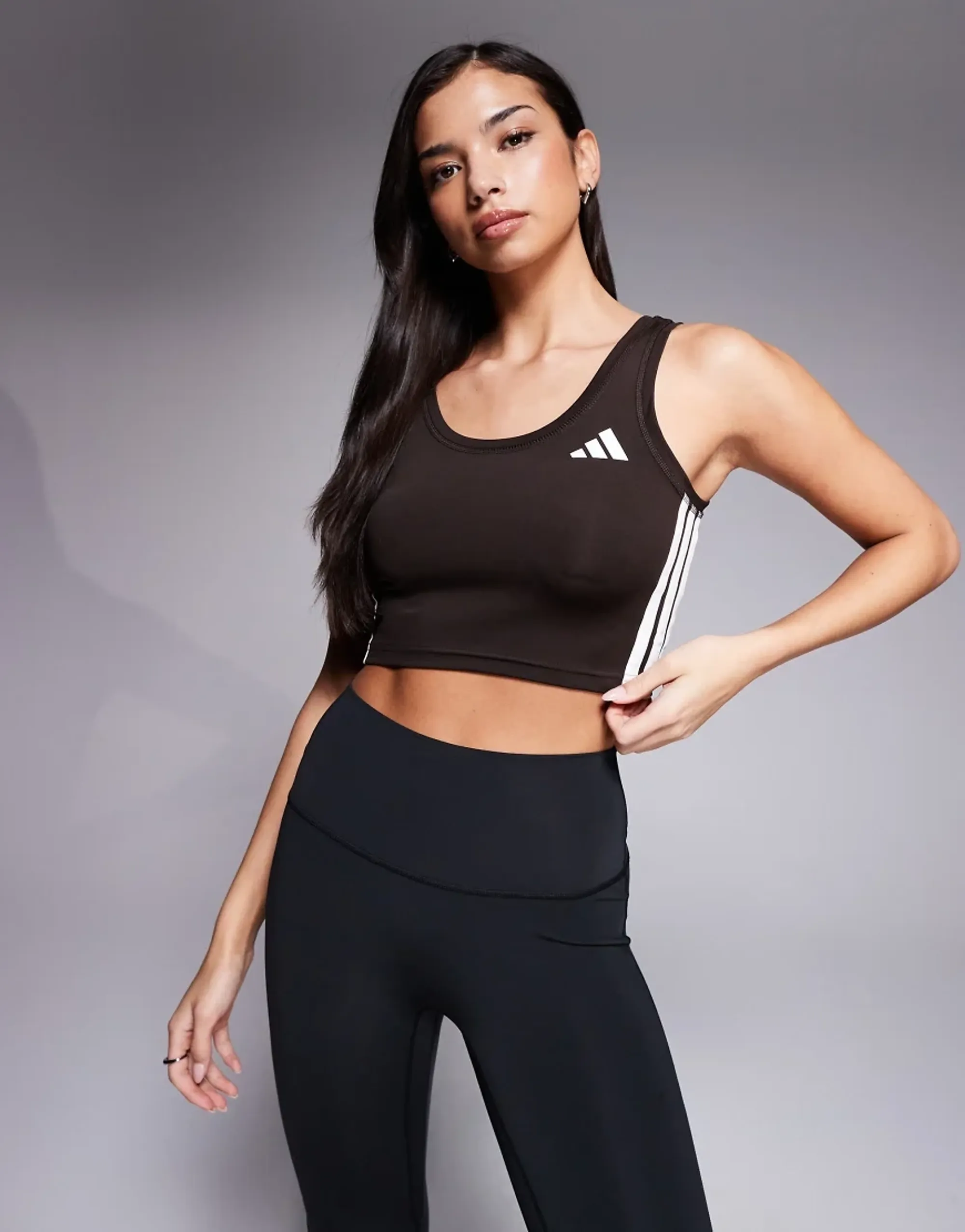 Adidas Training Workout Essentials 3 Stripe Tank Top In Coffee Brown