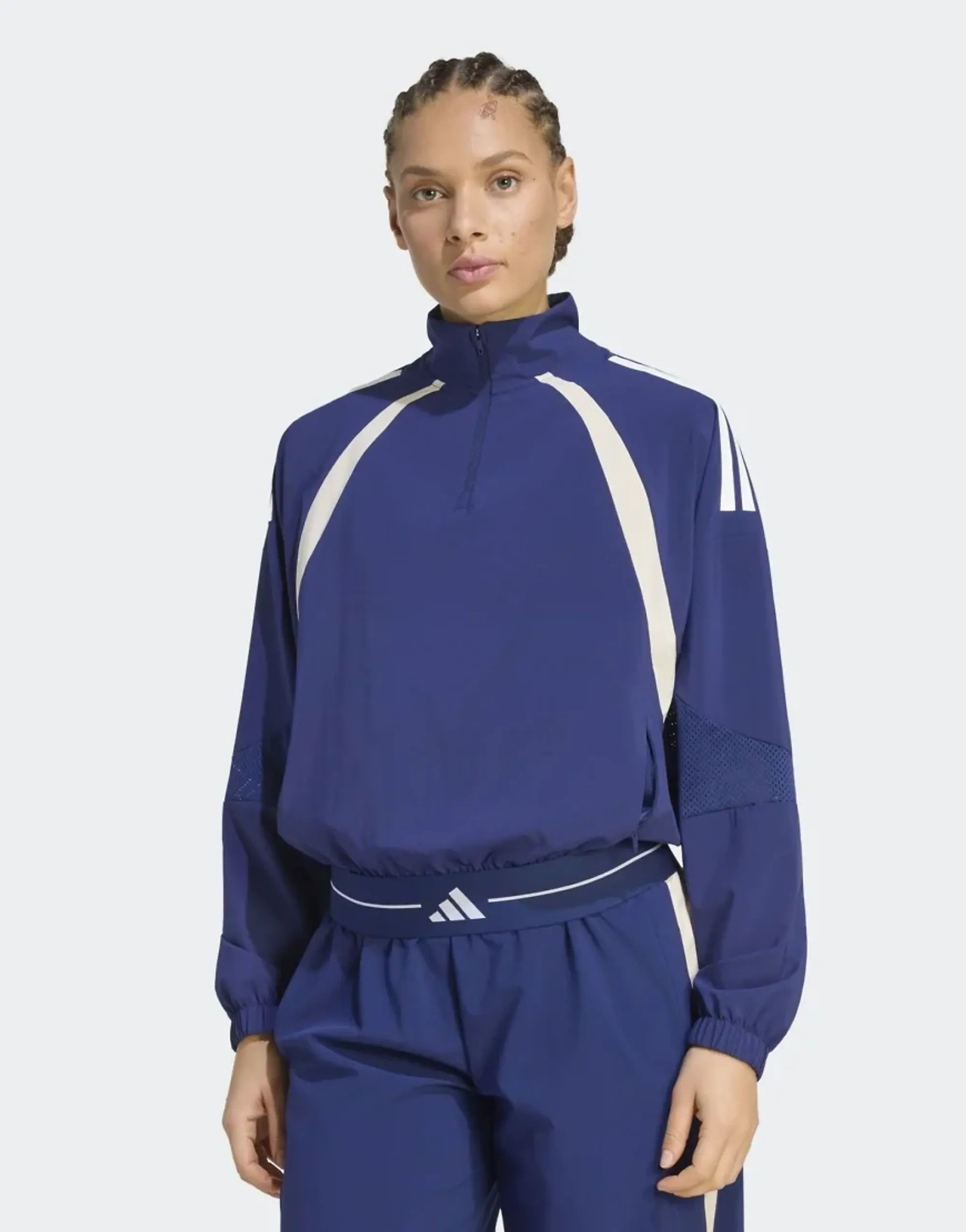 Adidas Performance Hyperglam 3-Stripes Color Block Woven 1/4 Zip Track Top In Dark Blue
