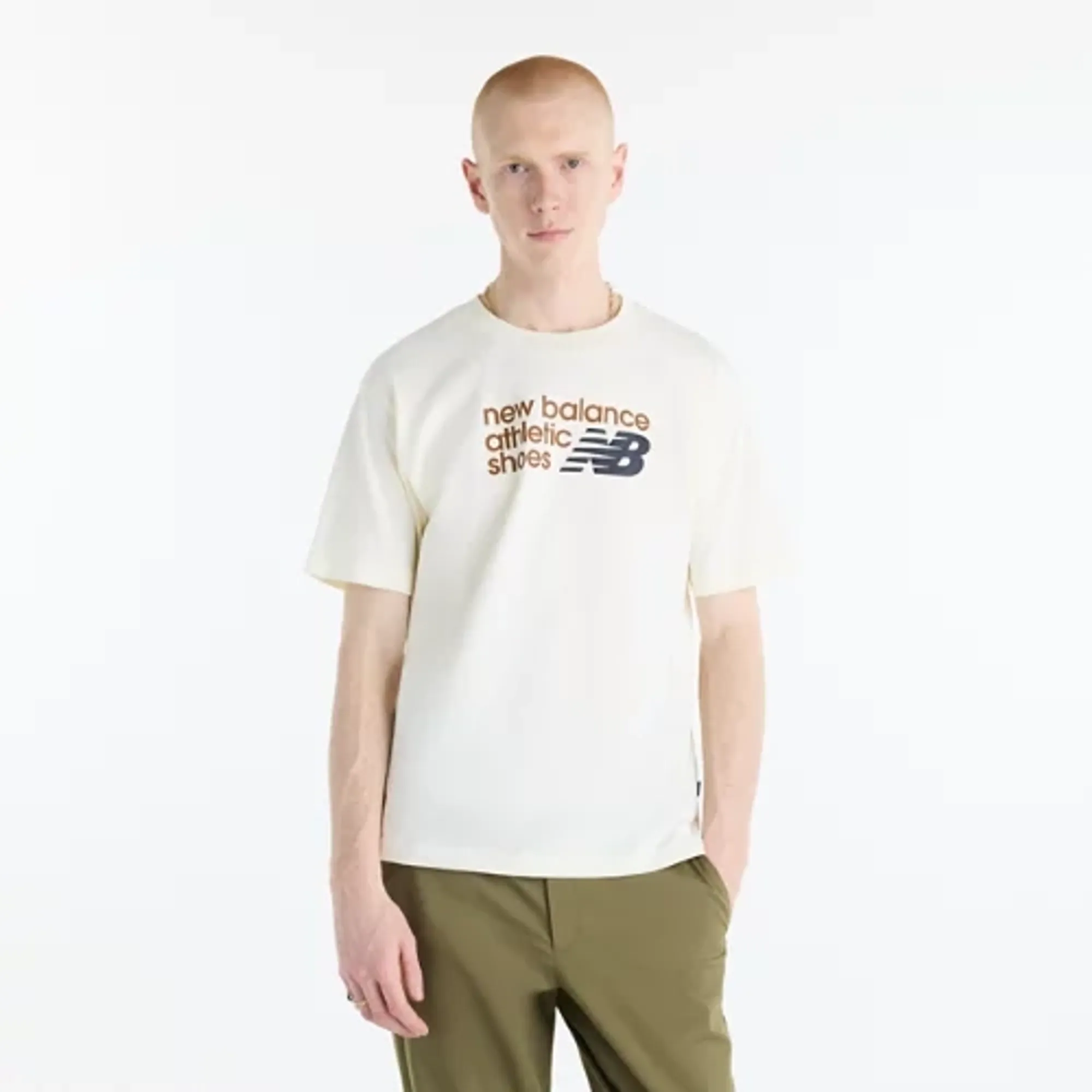 New Balance Men's Athletics Premium Relaxed Chest Logo T-Shirt in Beige Cotton