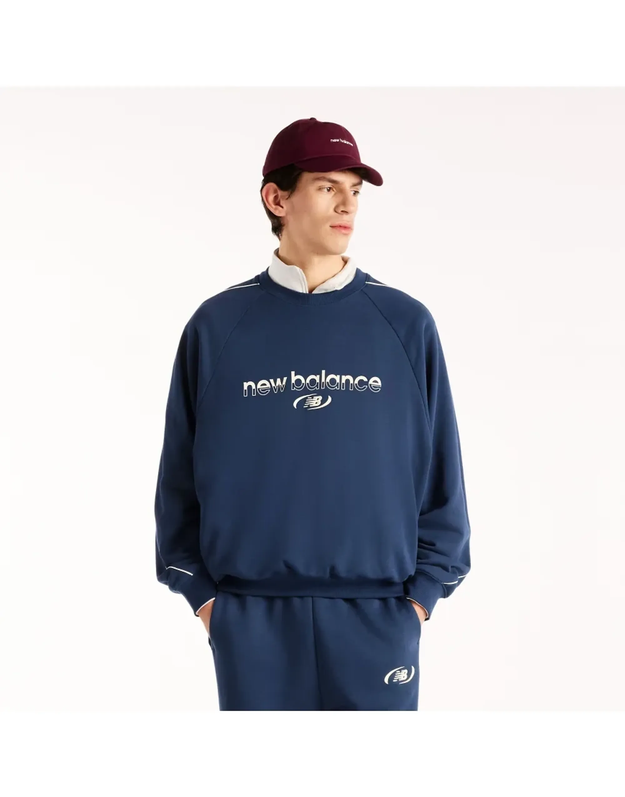 New Balance Men's Trackside French Terry Crew in Blue Poly Knit
