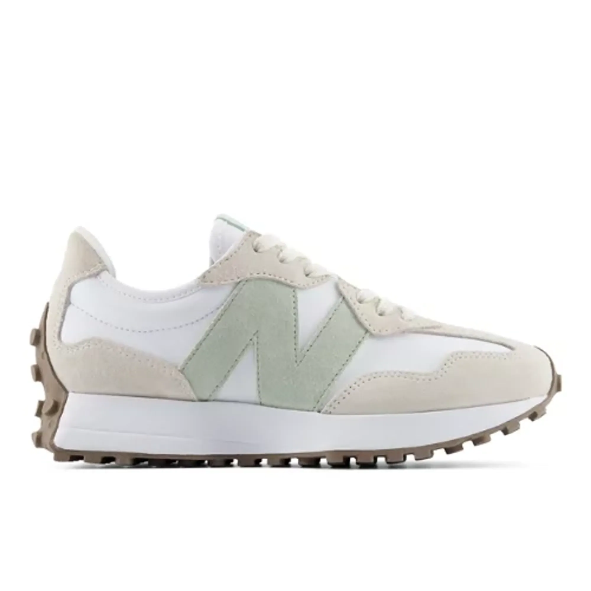 New Balance Women's 327 in Beige/White/Green Suede/Mesh