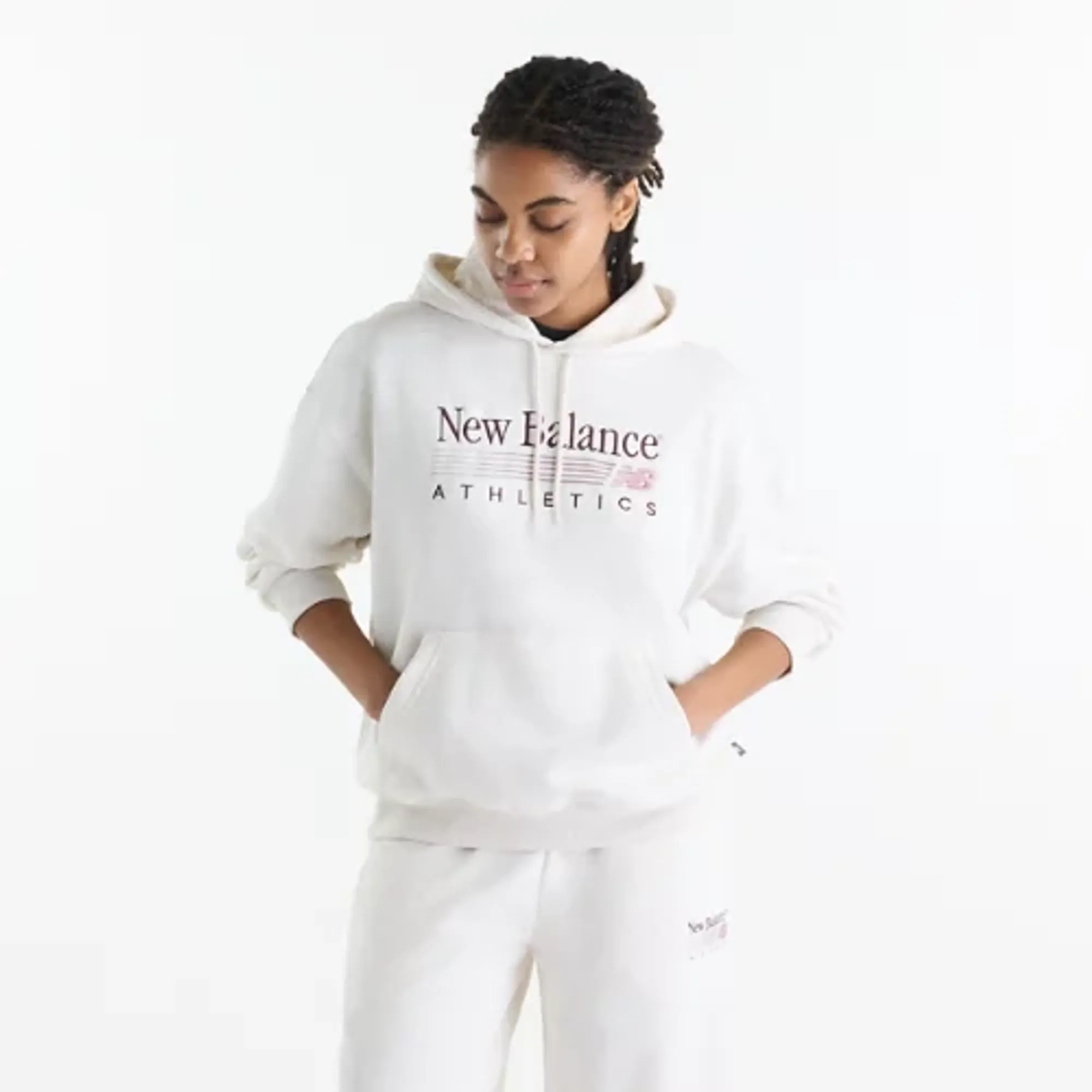 New Balance Women's Trackside French Terry Hoodie in Beige Cotton Fleece