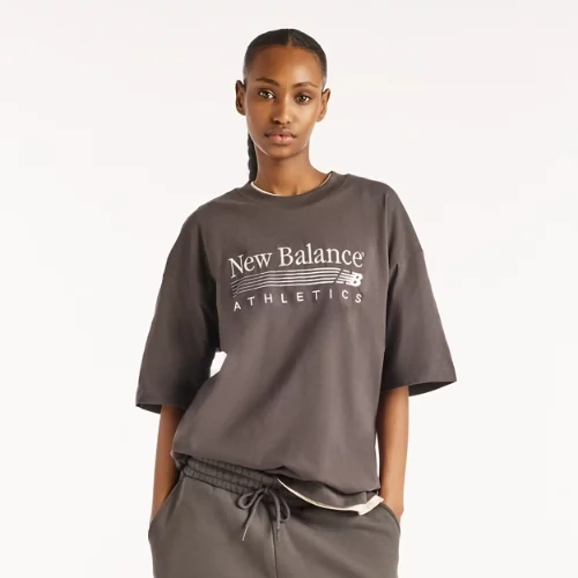 New Balance Women's Trackside Oversized T-Shirt in Grey Cotton Jersey