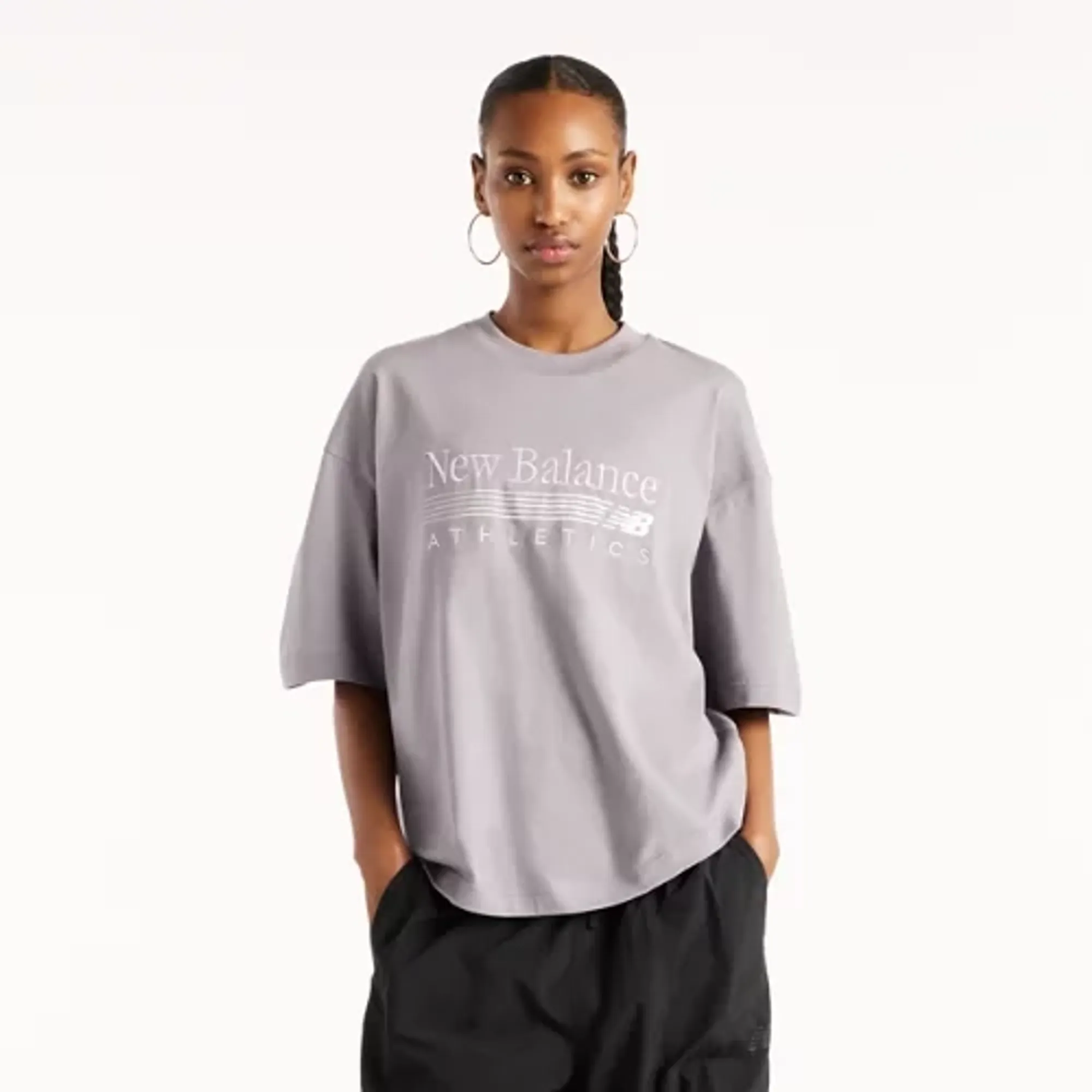 New Balance Women's Trackside Oversized T-Shirt in Grey Cotton Jersey
