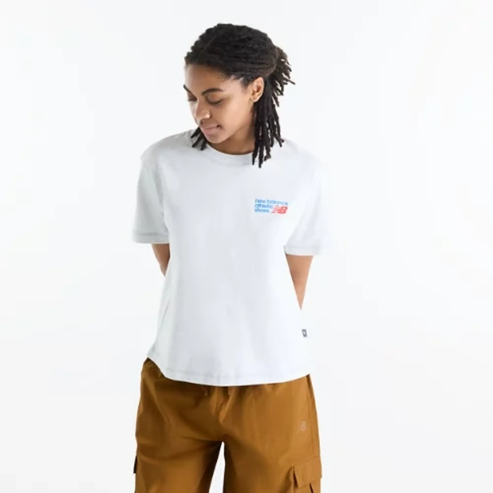 New Balance Women's Athletics Premium Logo Hip Length Relaxed T-Shirt in Grey Cotton