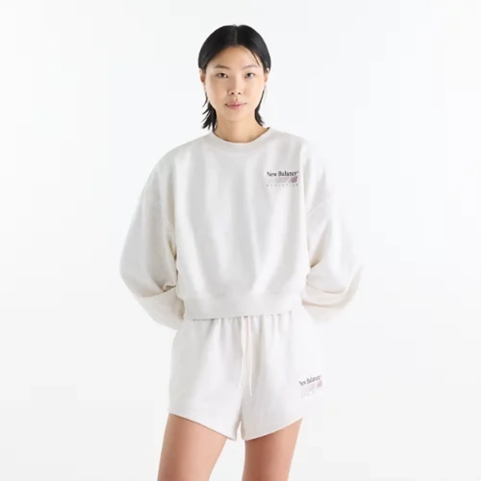 New Balance Women's Trackside French Terry Crew in Beige Cotton Fleece