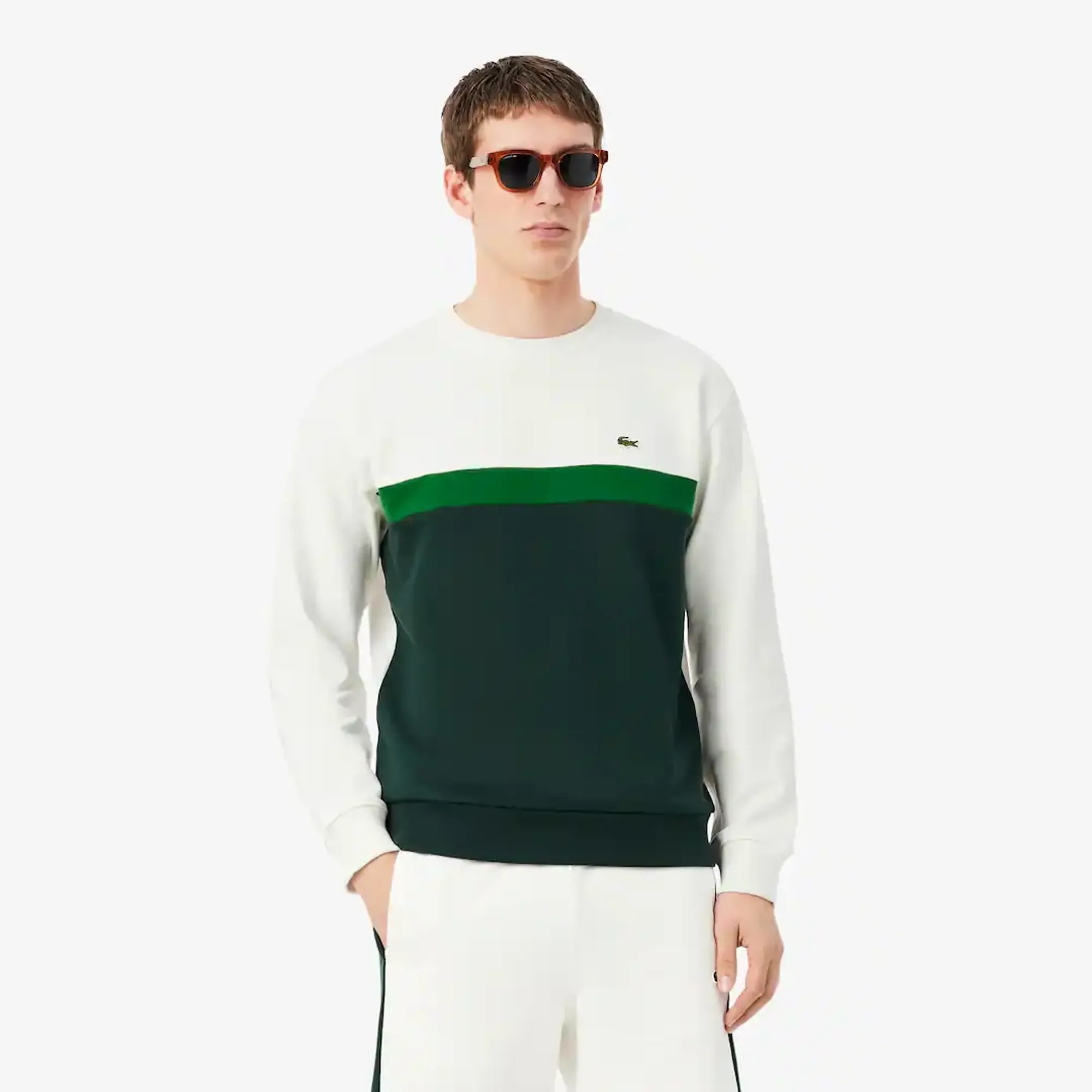 Lacoste Colour-block Fleece Sweatshirt - White / Green