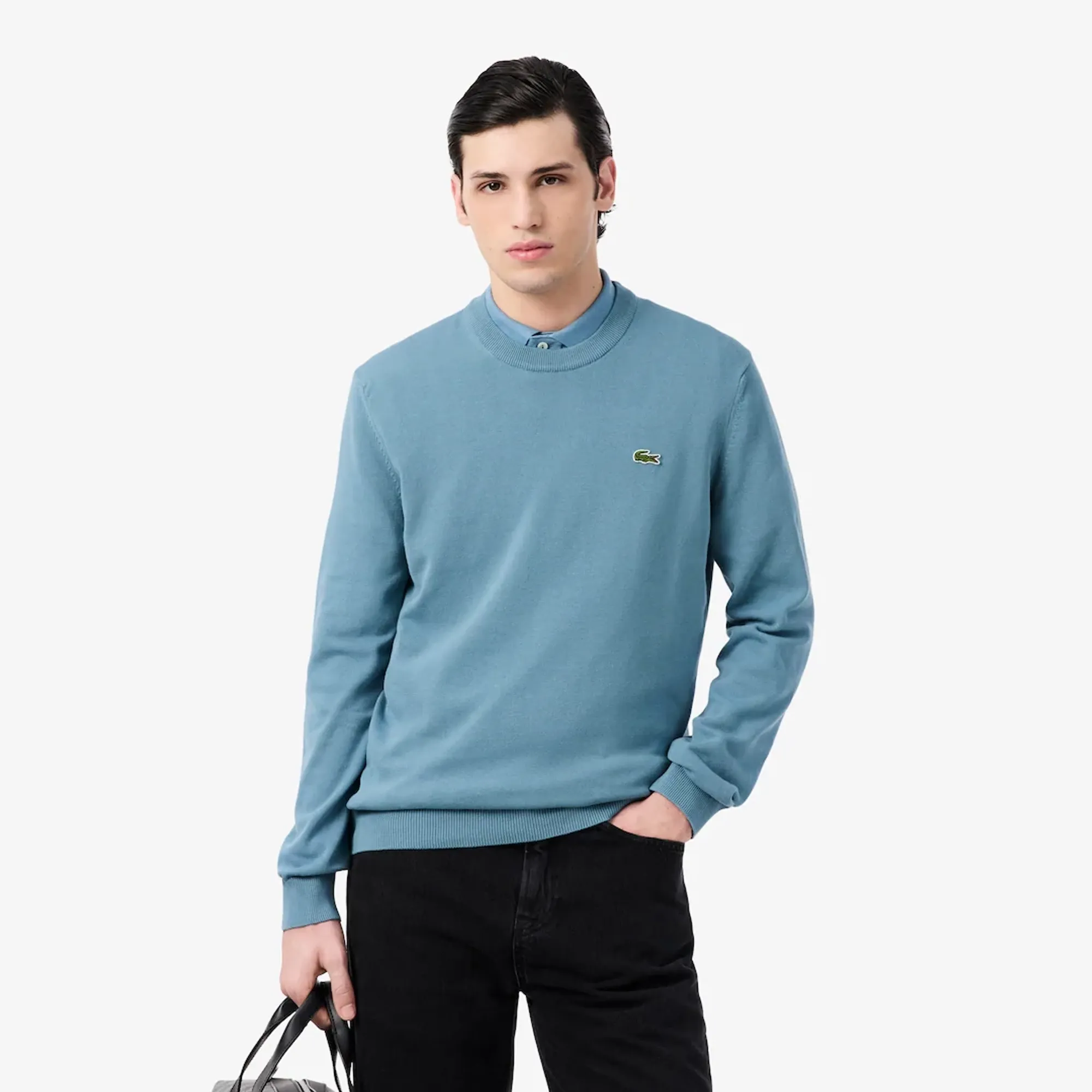 Lacoste Monochrome Crew Neck Cotton Sweater - Bleu