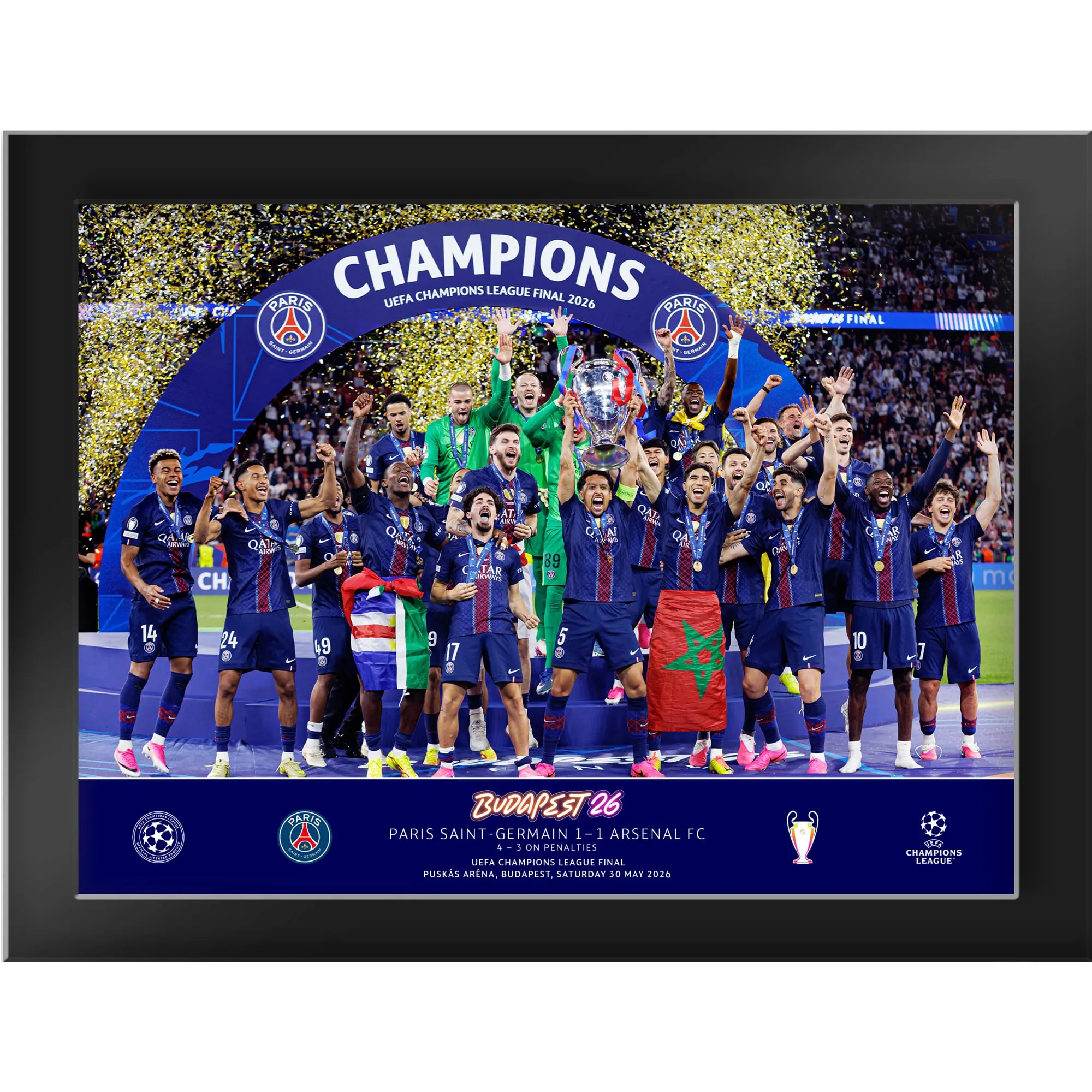 PSG 2026 Champions League Final 8x6 Winners Framed Cup Lift Print - Tempered Glass Frame