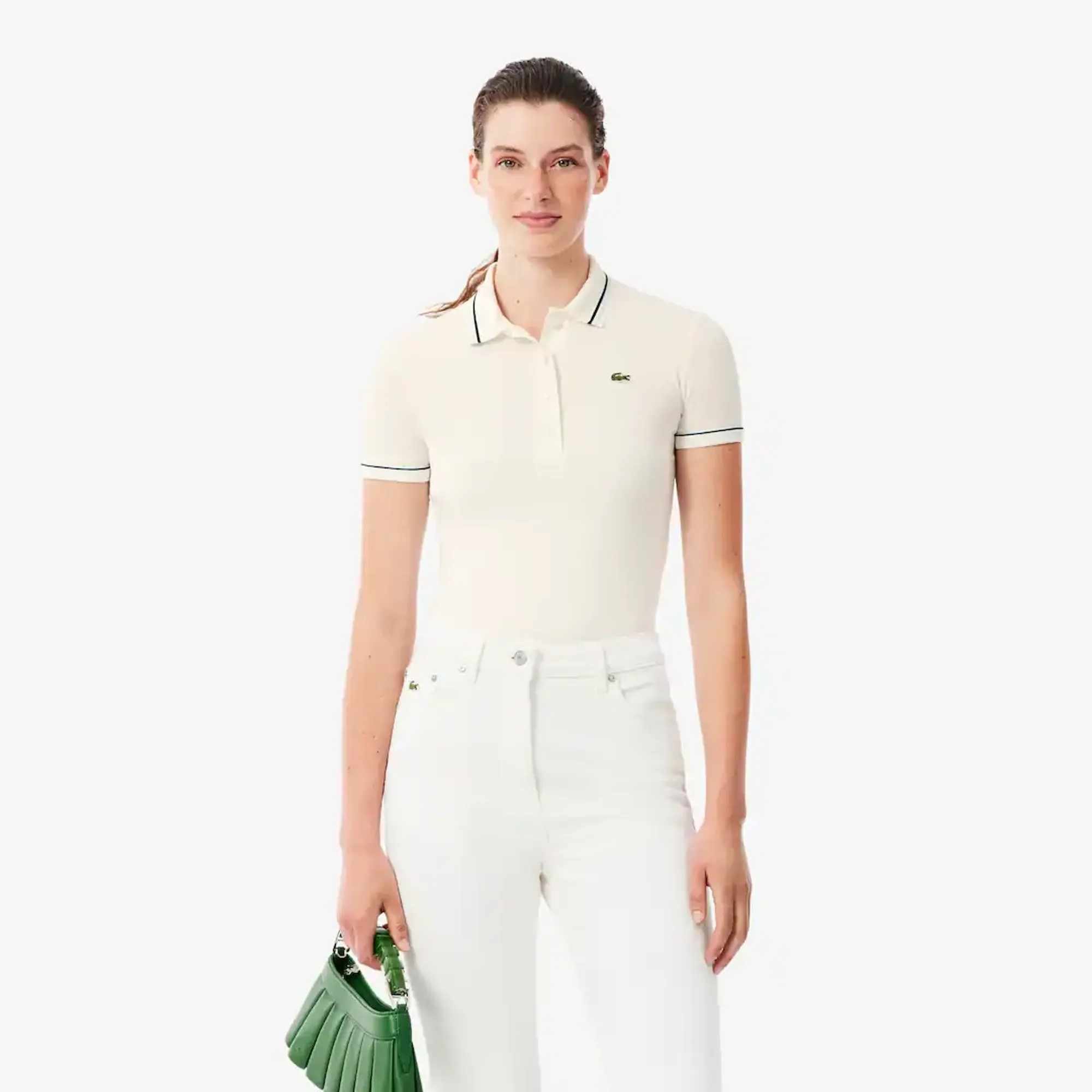 Lacoste L.12.D Slim Fit Trim Detail Polo Shirt - Blanc / Bleu Clair / Vert