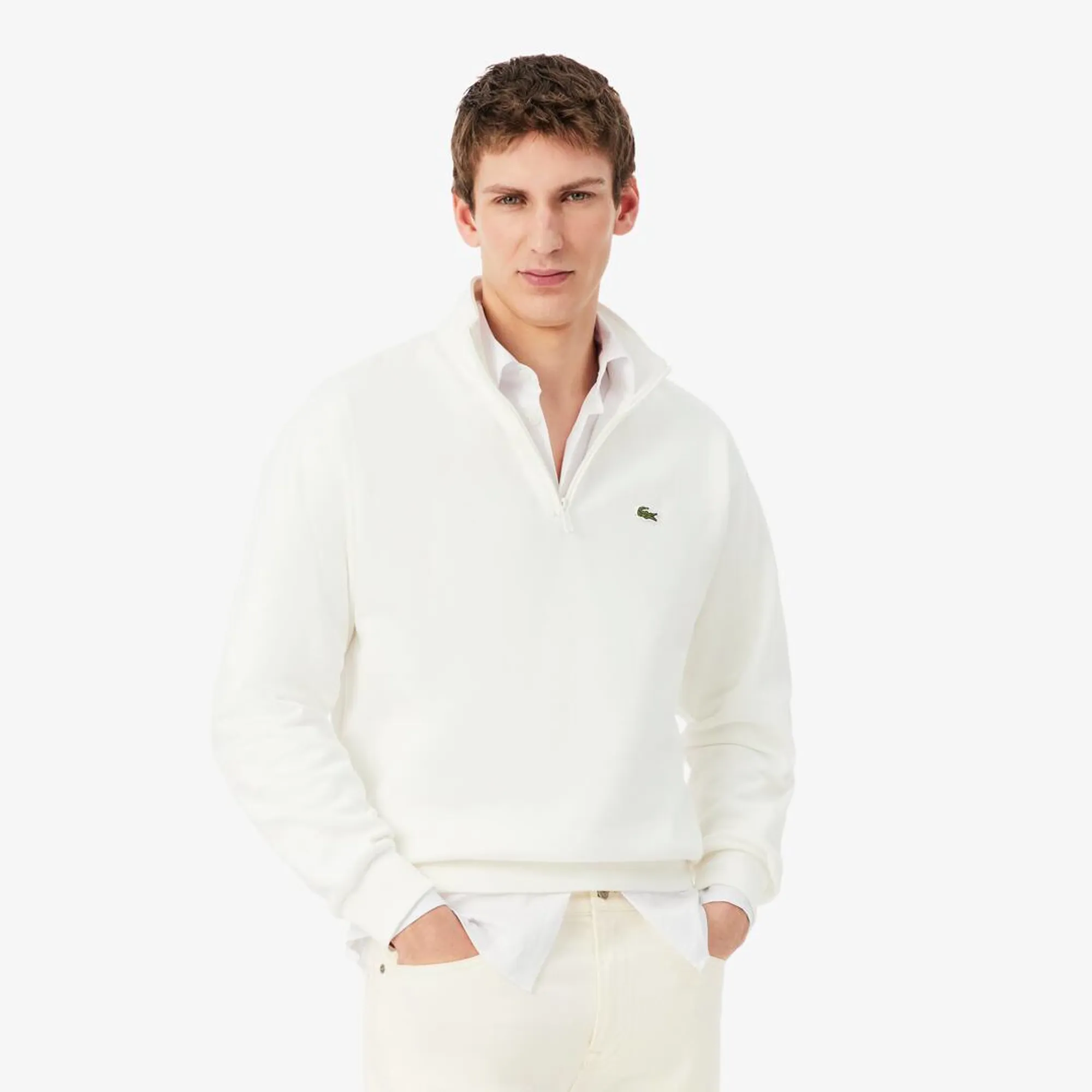Lacoste Fleece Zip Neck Sweatshirt - White