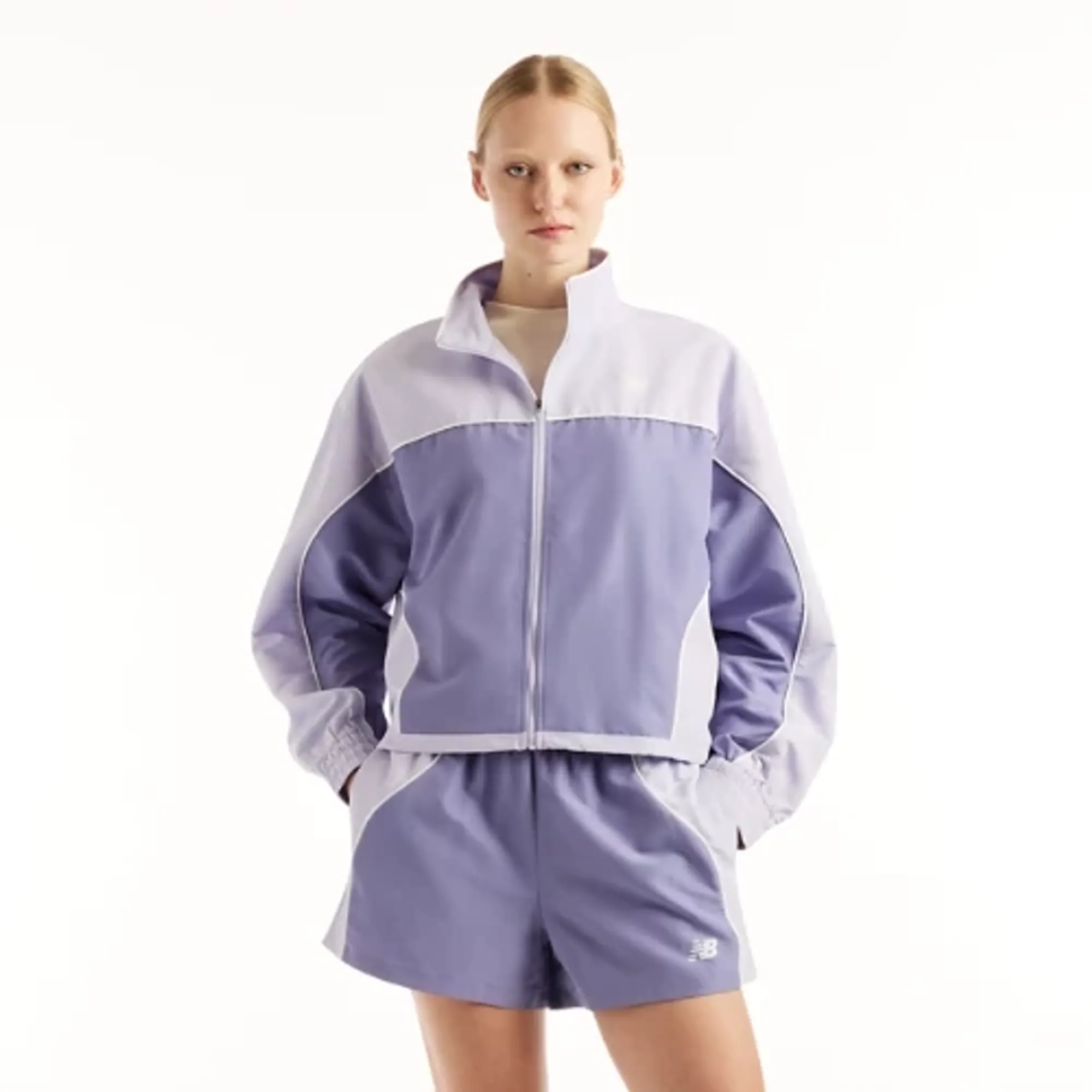New Balance Women's Trackside Woven Jacket in Purple Polywoven