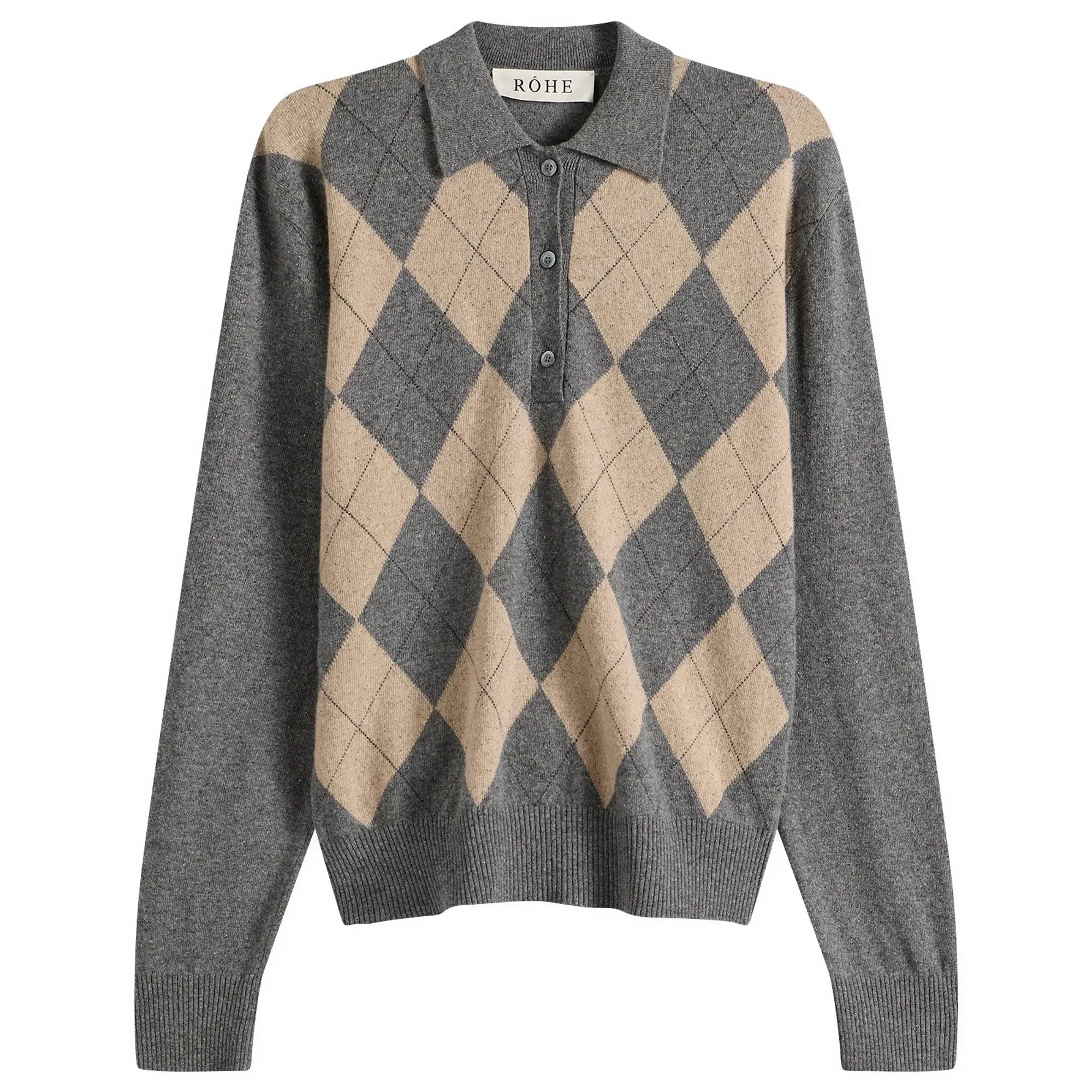 Róhe Women's Argyle Mouliné Polo Grey/Oat Check