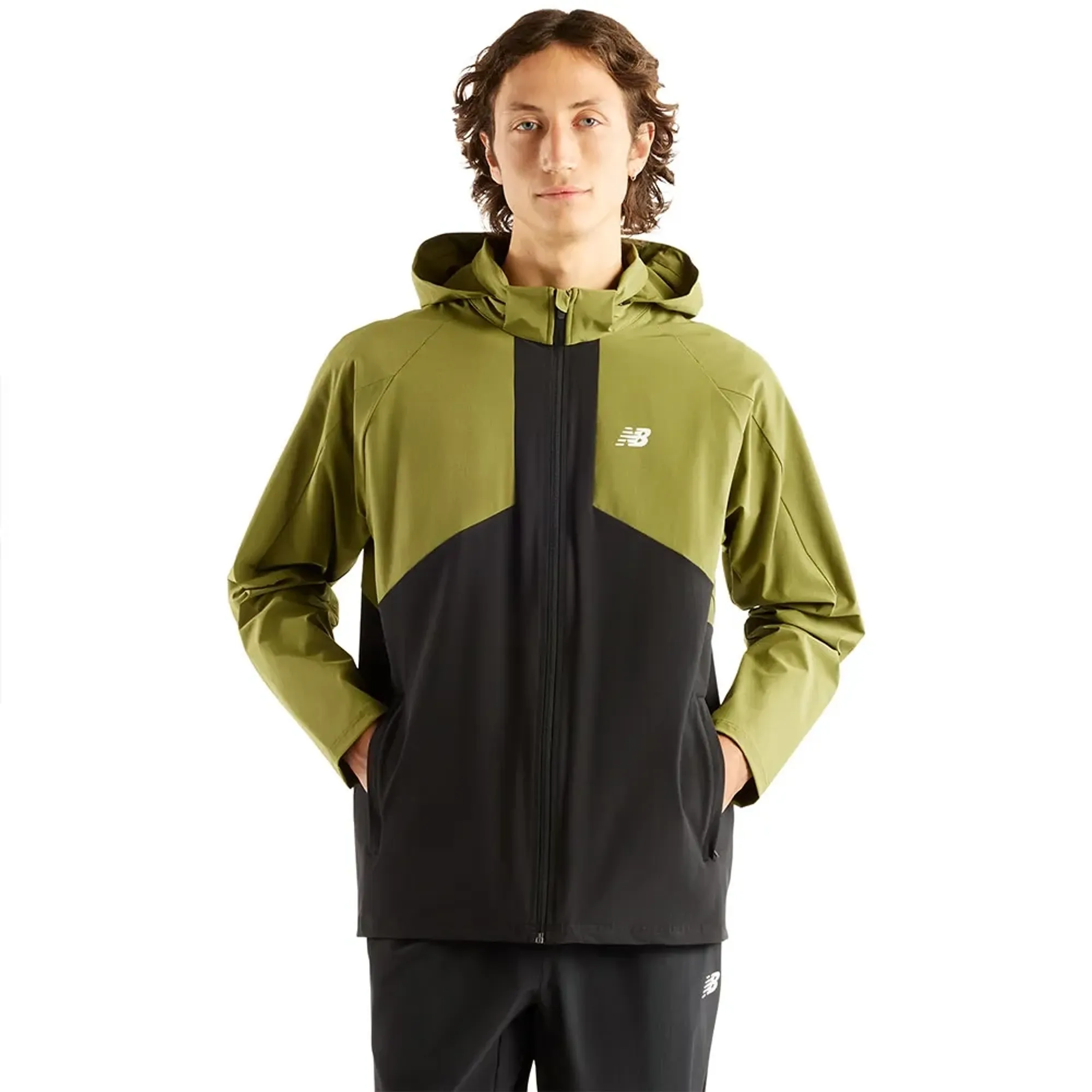 New Balance Men's Utility Stretch Woven Jacket in Green/Black Polywoven