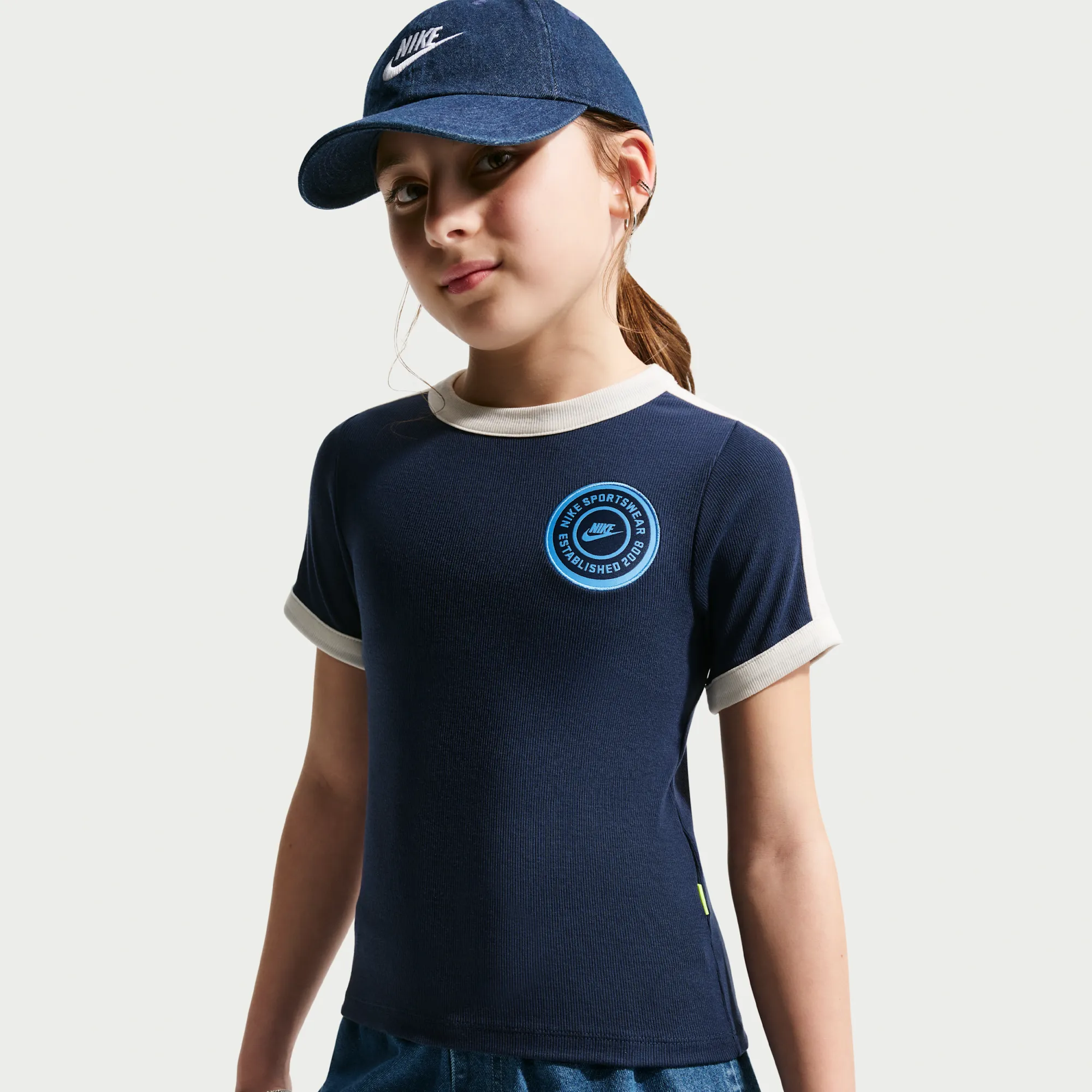 Nike Older Kids' (Girls') Short-Sleeve Rib Top - Blue - Polyester/Lyocell/Elastane