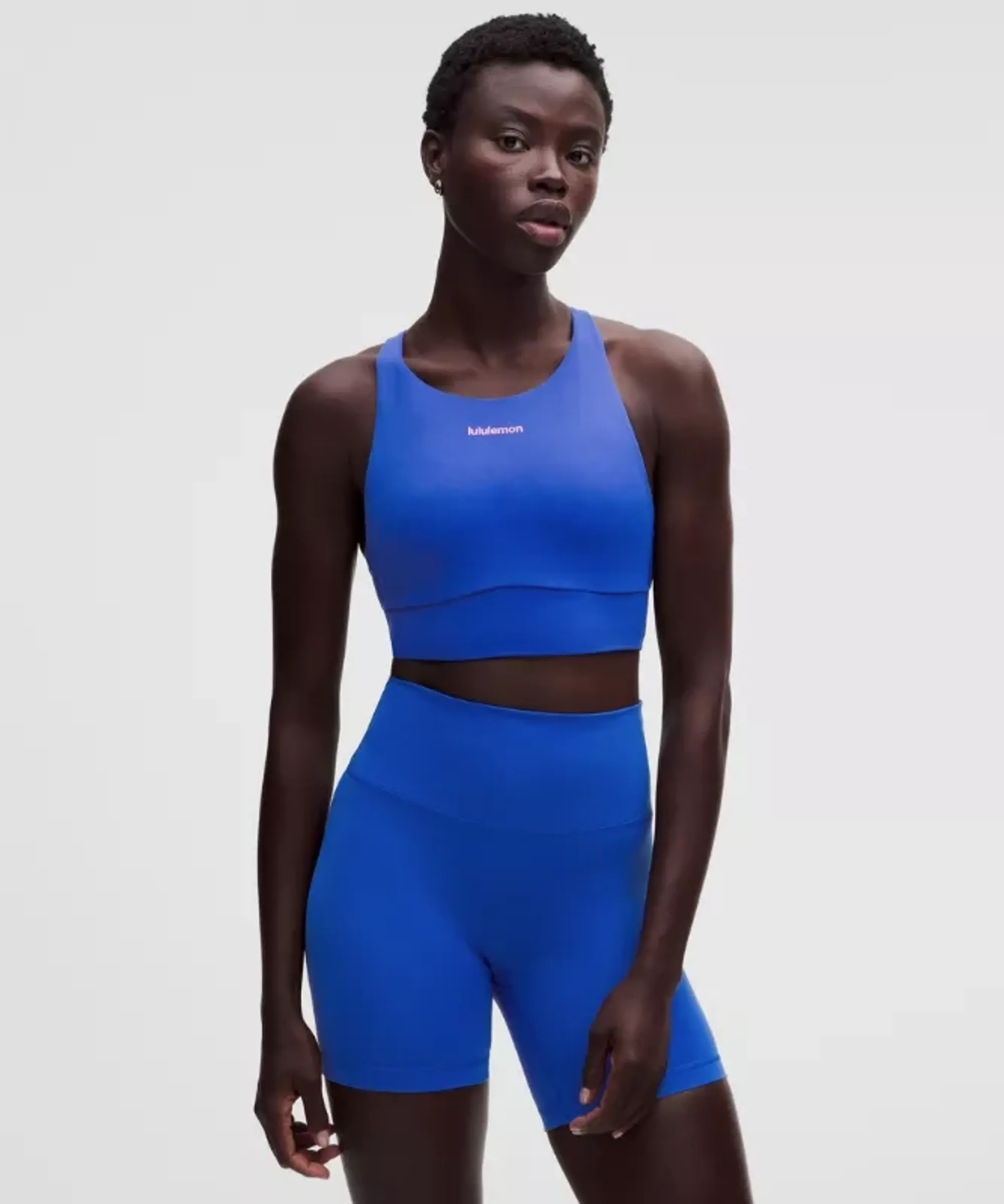 lululemon – Women's Energy High-Neck Longline Sports Bra Medium Support, B-D Cups Evolve Wordmark – Color Blue – Size XS