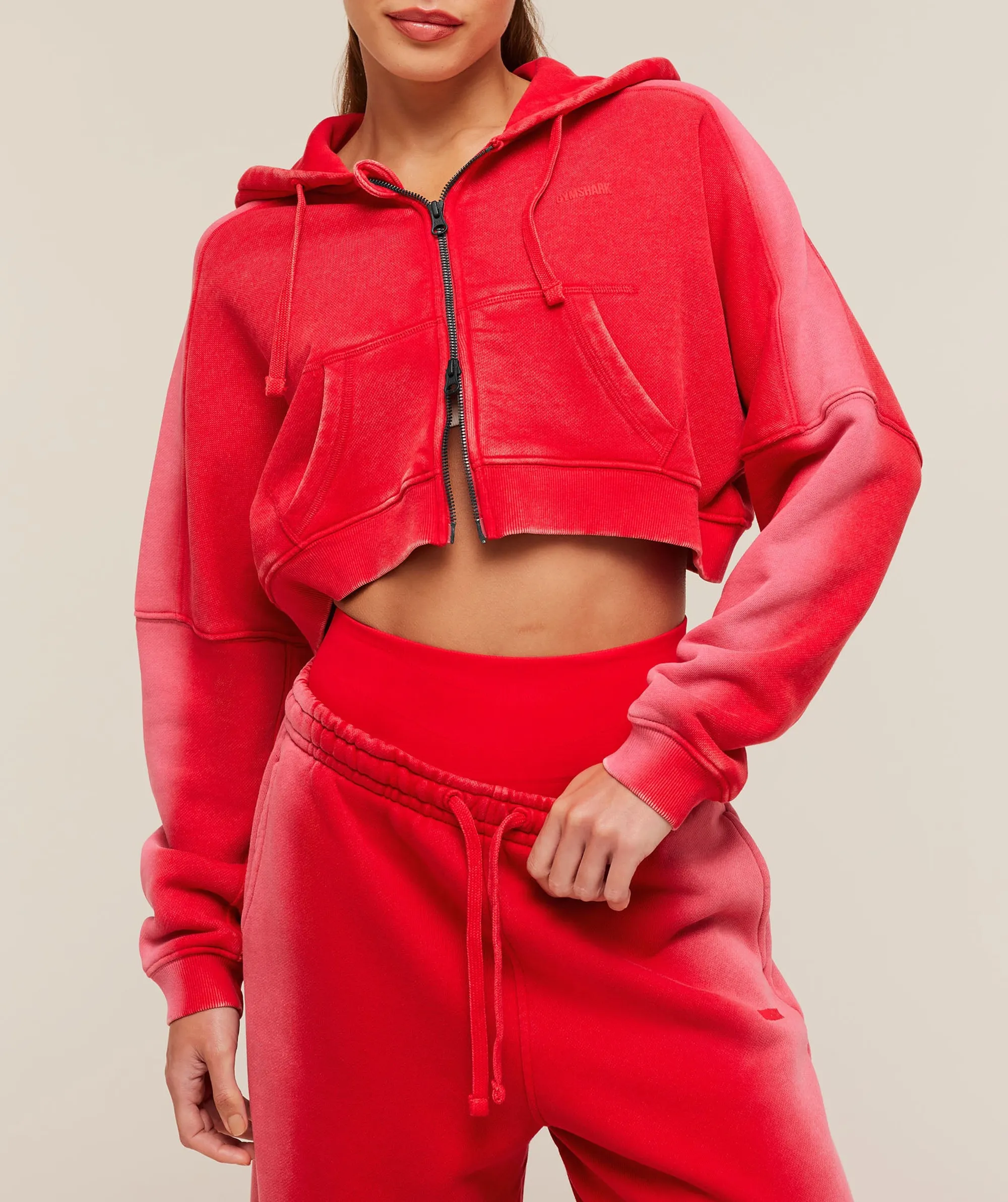 Gymshark Pump Washed Zip Through Hoodie - Carmine Red/Soft White/Wash