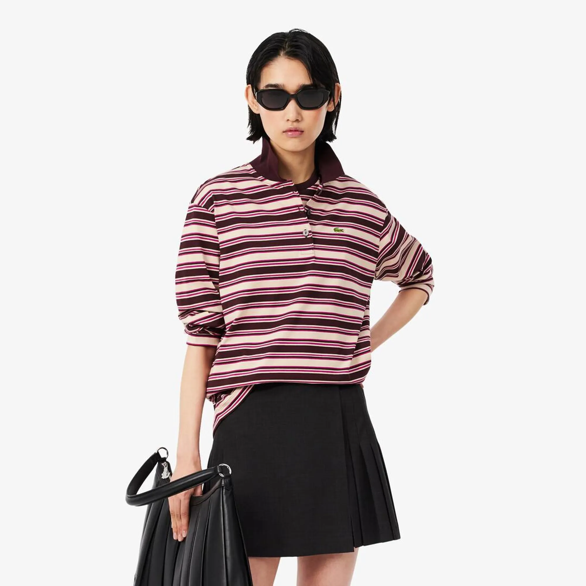 Lacoste Oversized Striped Long Sleeved Polo Shirt - Marron / Beige / Rose Fushia