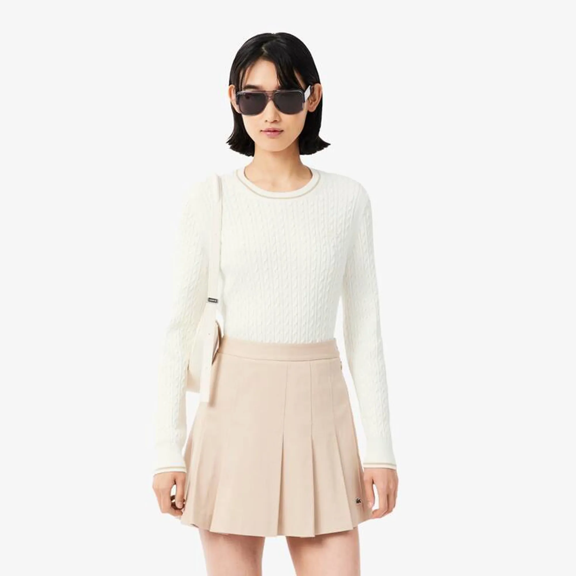 Lacoste Stripe Accent Cable Knit Sweater - White