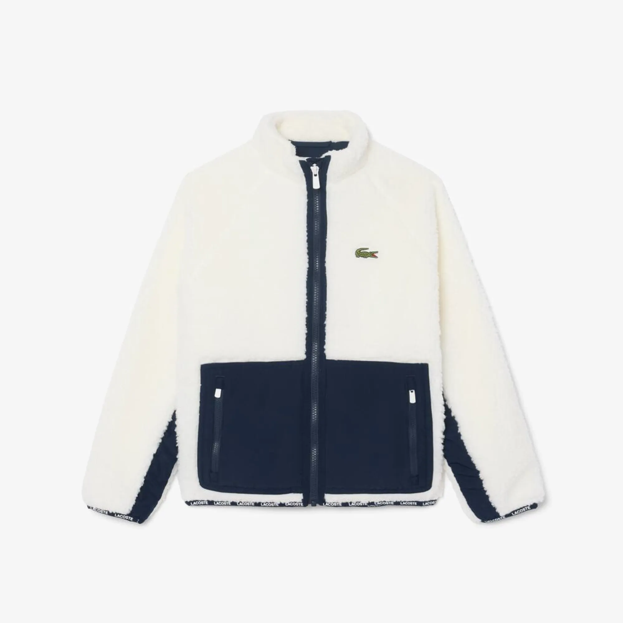 Lacoste Unisex Sherpa Fleece Colour-Block Jacket - White / Navy Blue