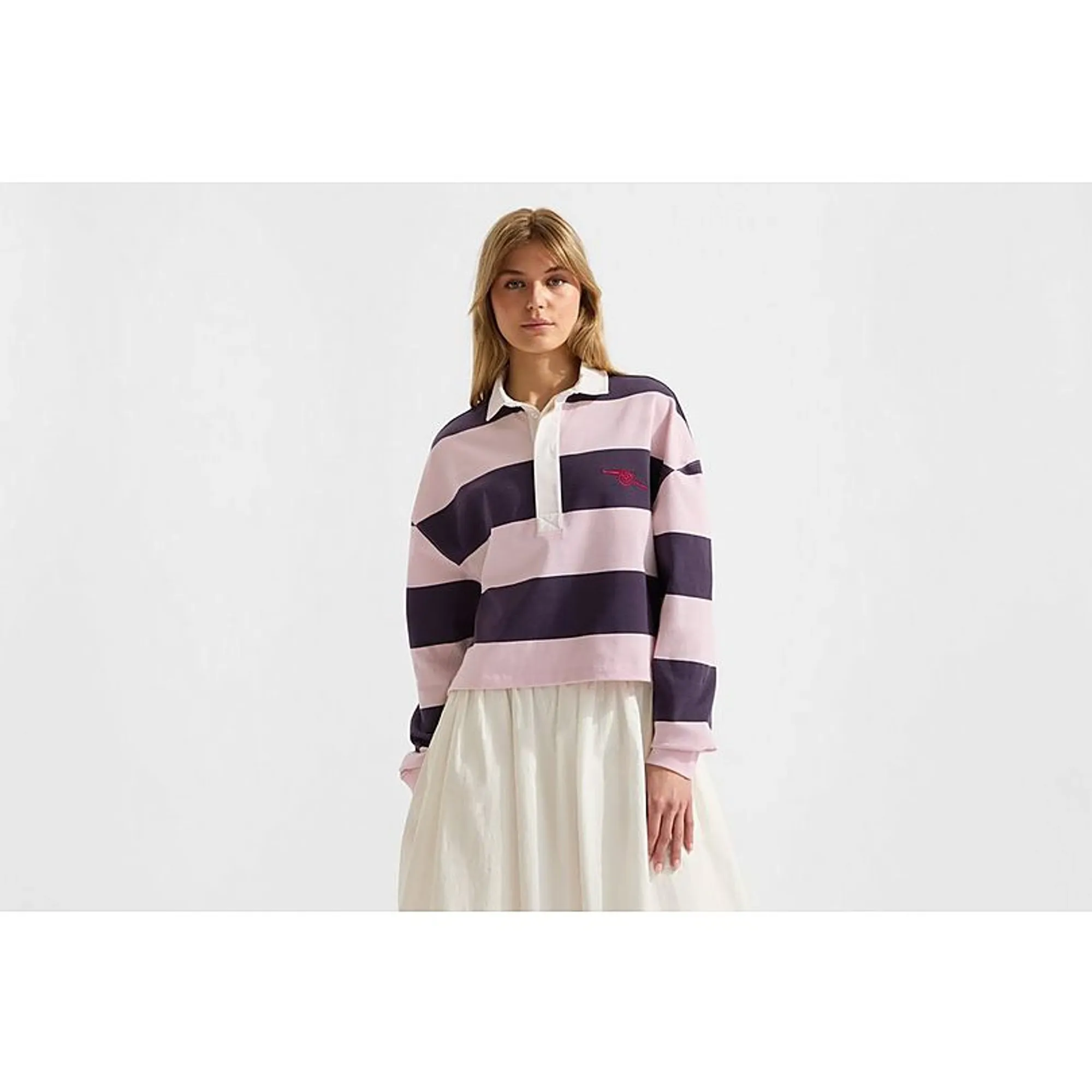 Arsenal Womens Essentials Pink Striped Long Sleeved Rugby Polo Shirt, Pink
