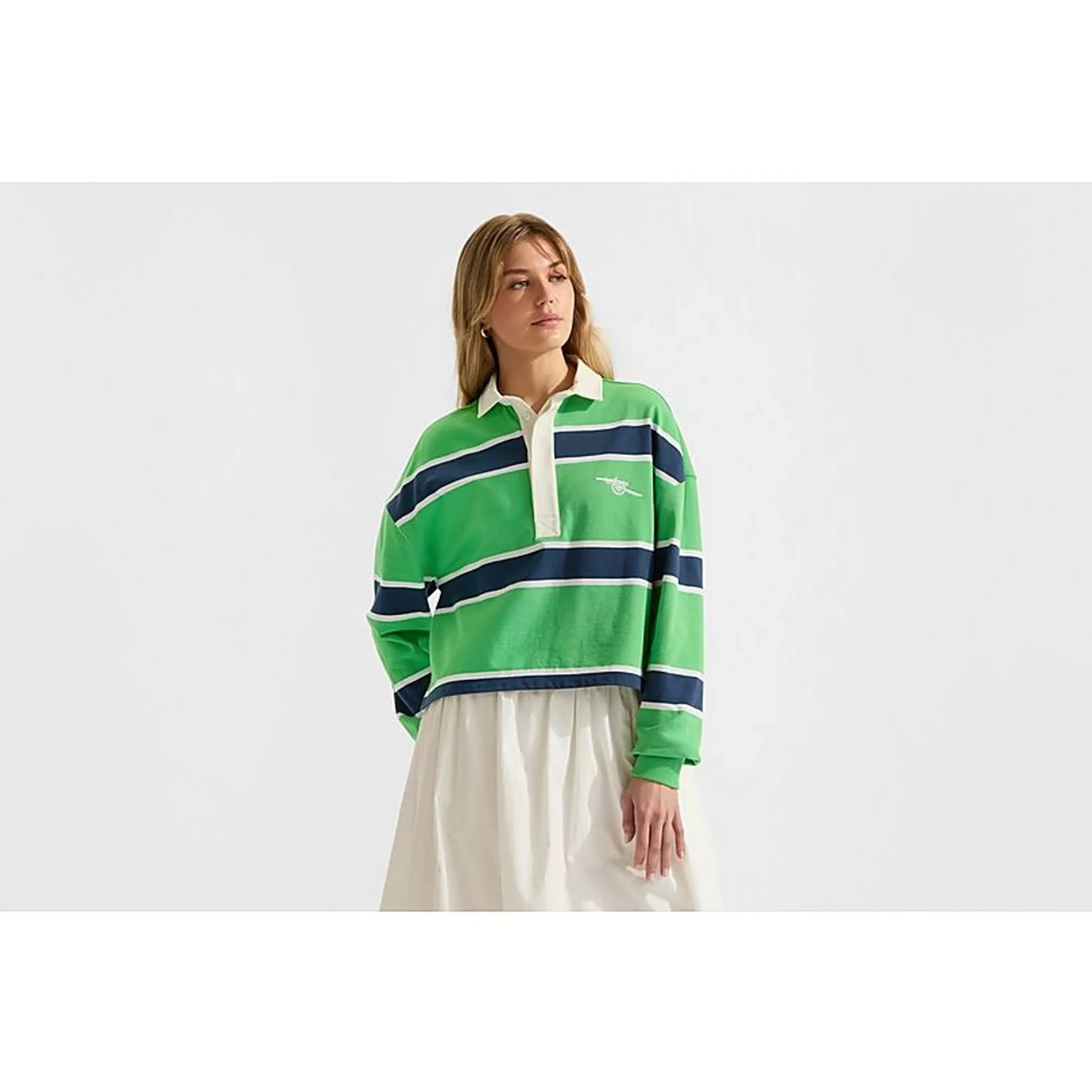 Arsenal Womens Essentials Green Striped Long Sleeved Rugby Polo Shirt, Green