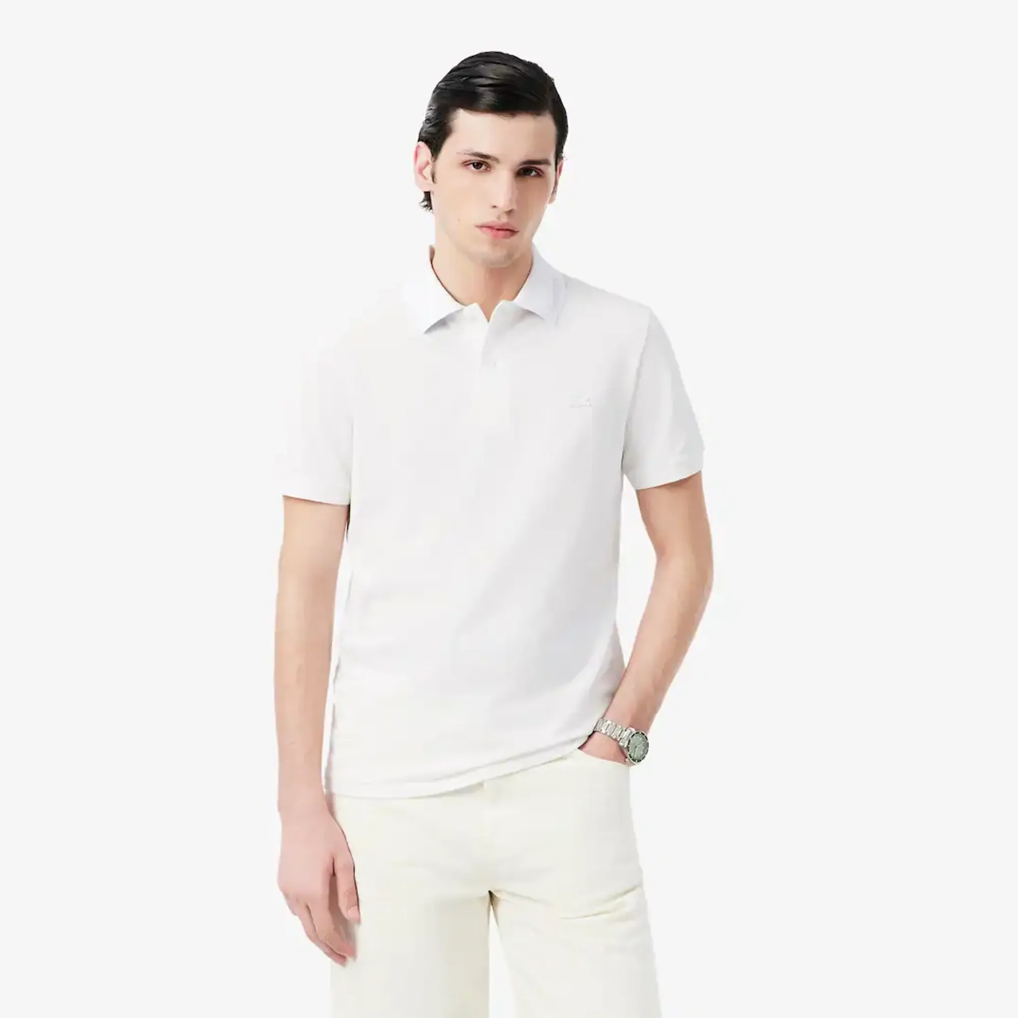 Lacoste Slim Fit Jacquard Branded Piqué Commuter Polo Shirt - White