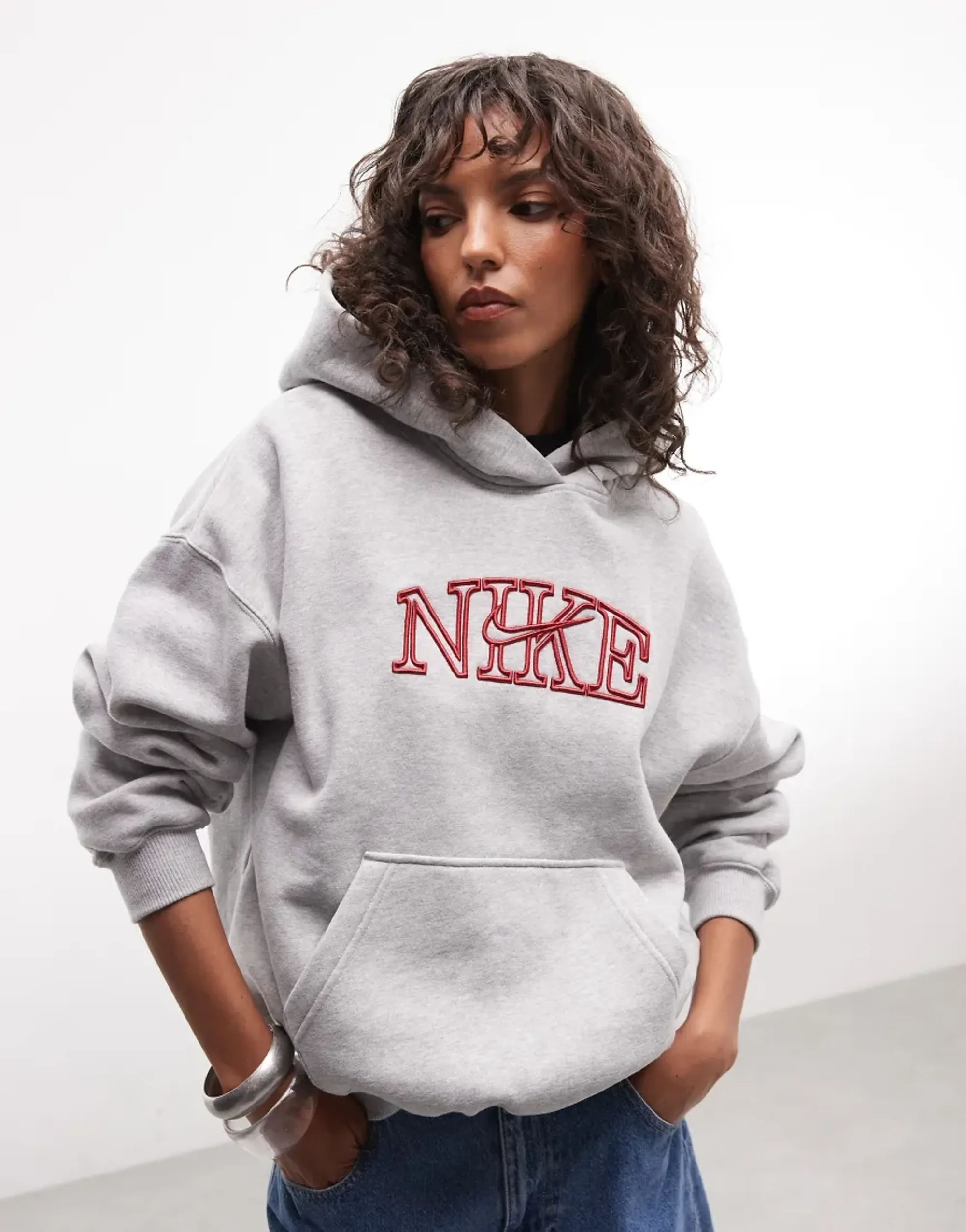 Nike Studio Fleece Mid-Weight Varsity Graphic Oversized Hoodie In Grey