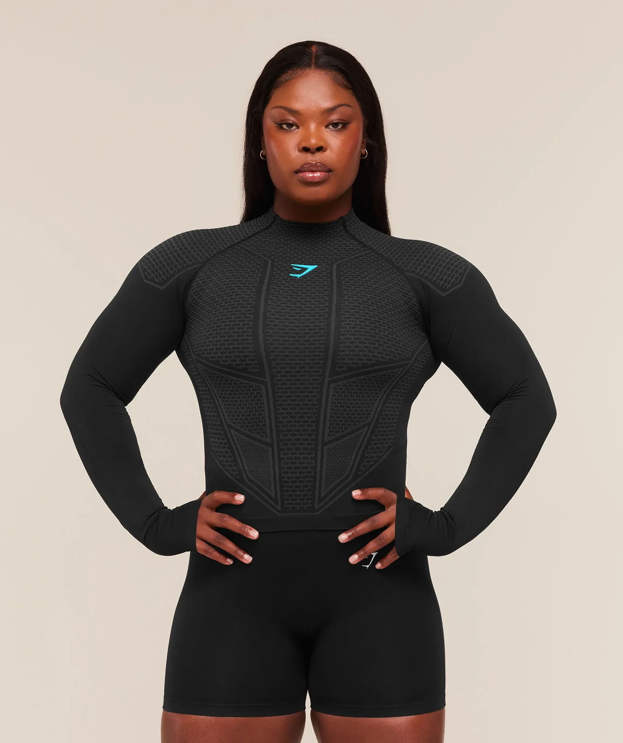 Gymshark Onyx V1 Long Sleeve Top - Black/Onyx Grey/Brand Blue