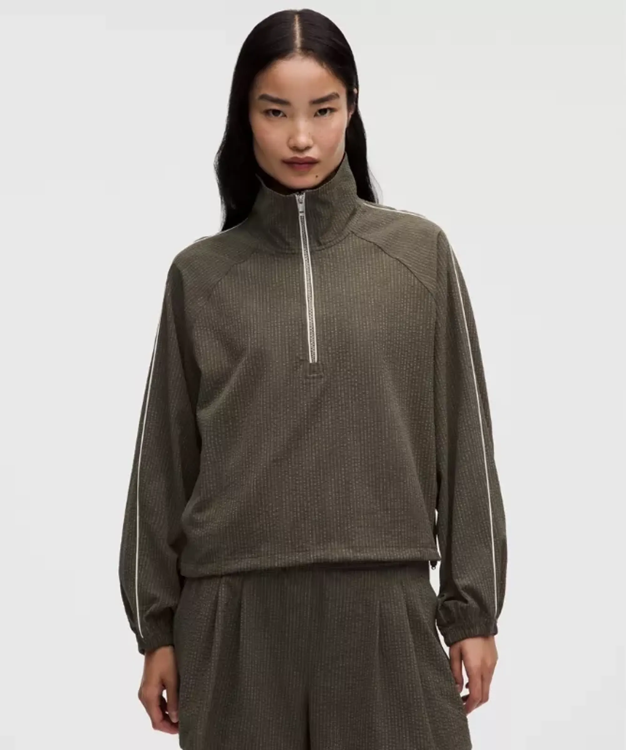 lululemon – Women's Seersucker Funnel-Neck Half Zip Sweatshirt – Color Brown Green – Size XL