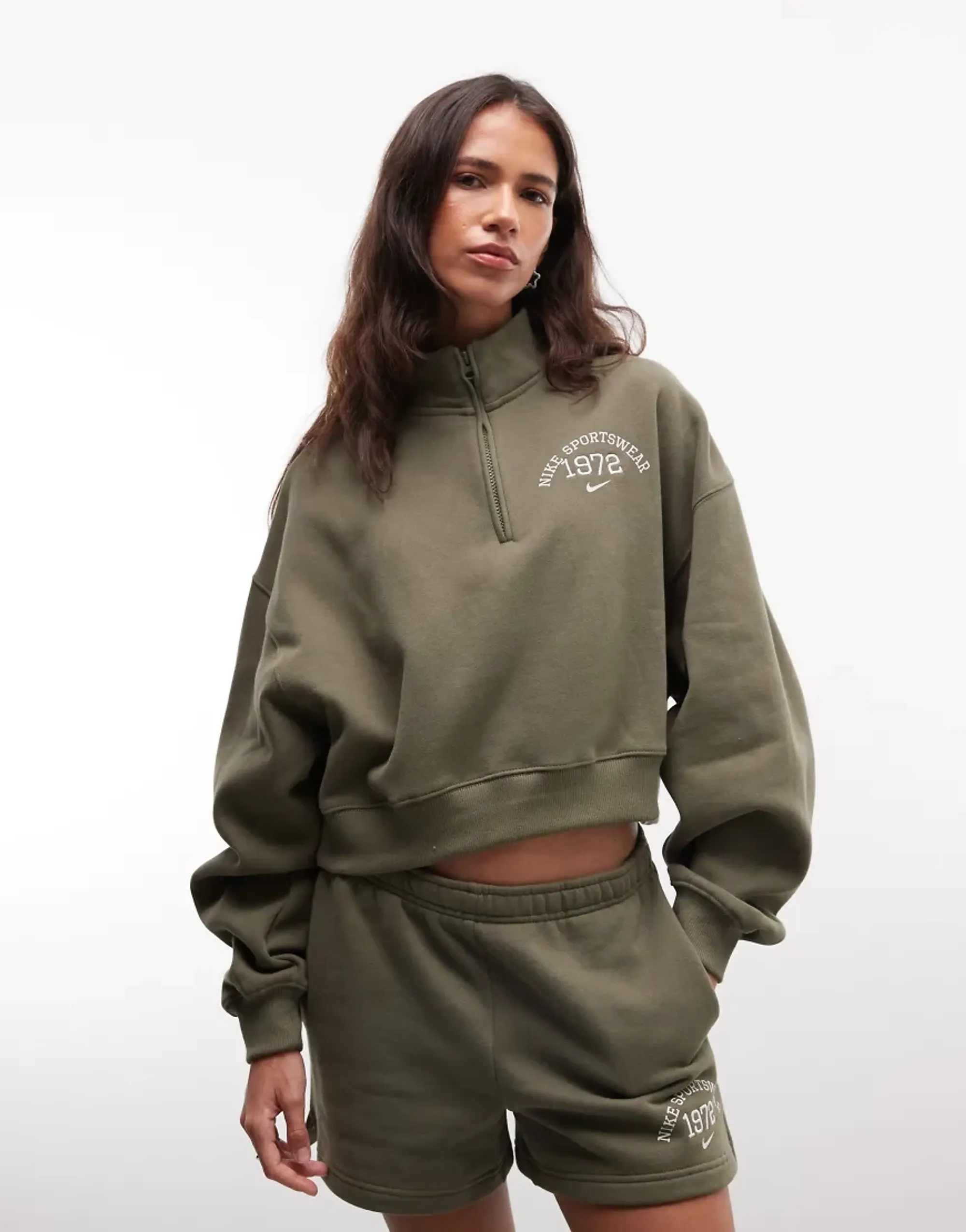 Nike Studio Fleece Oversized Varsity Quarter Zip In Khaki-Green