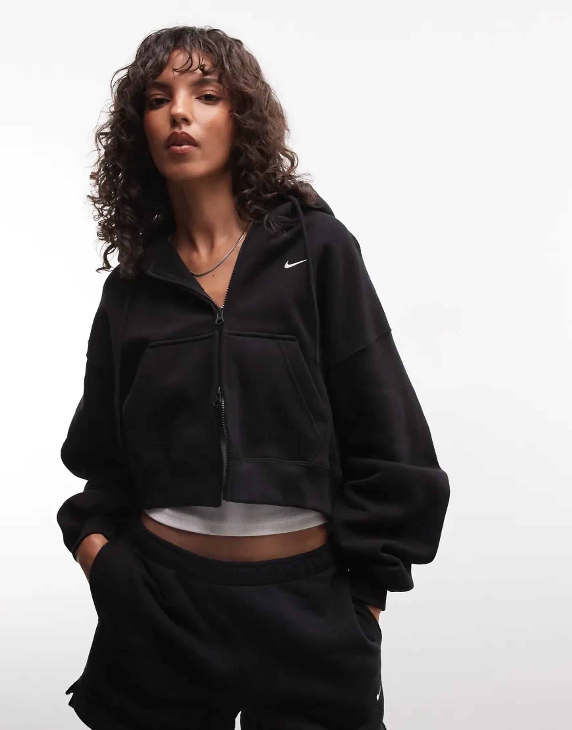 Nike Womens Studio Fleece Medium Weight Oversized Crop Hoodie - Black - Size S - Black